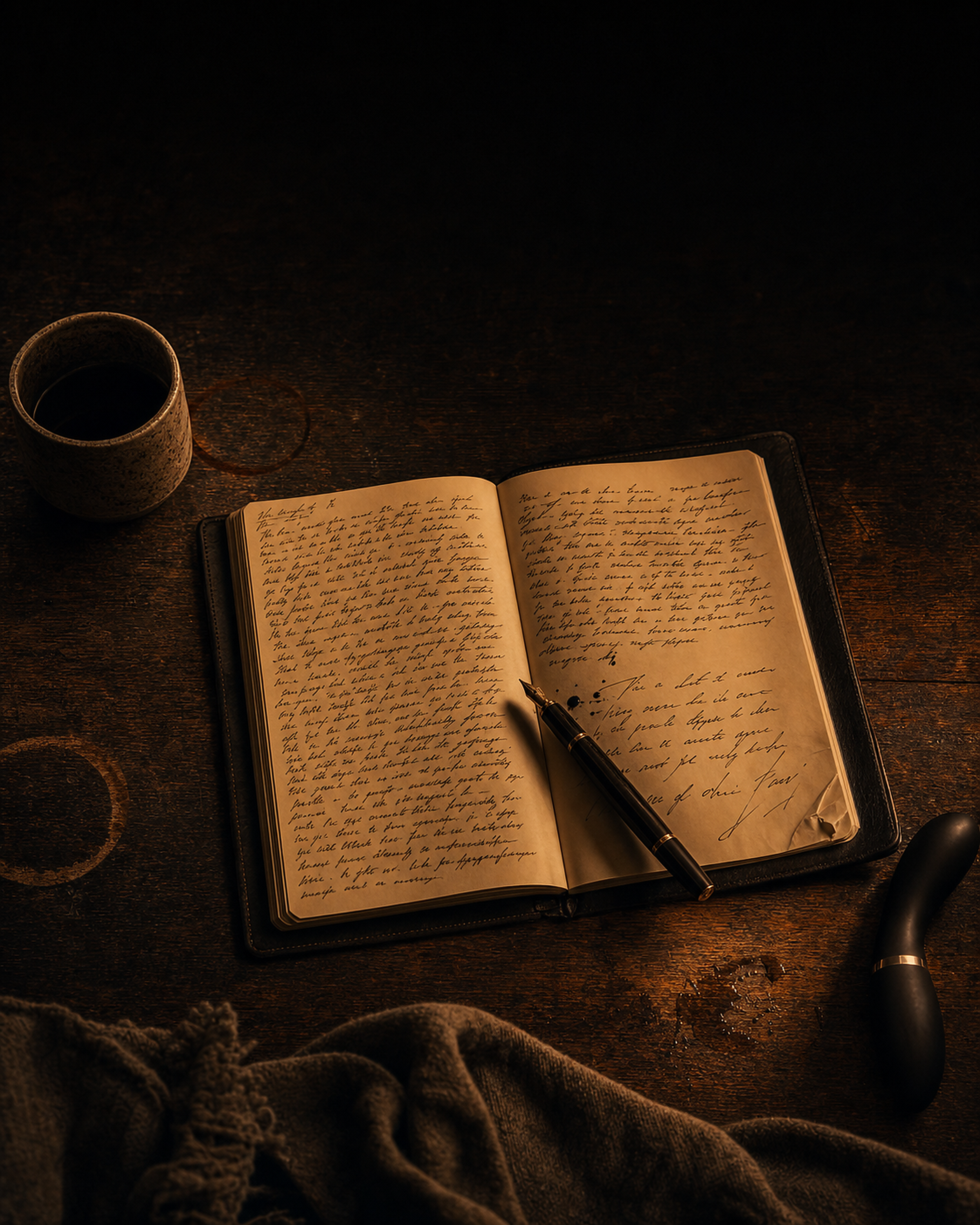 A handwritten manuscript page, candle, and coffee on a worn desk
