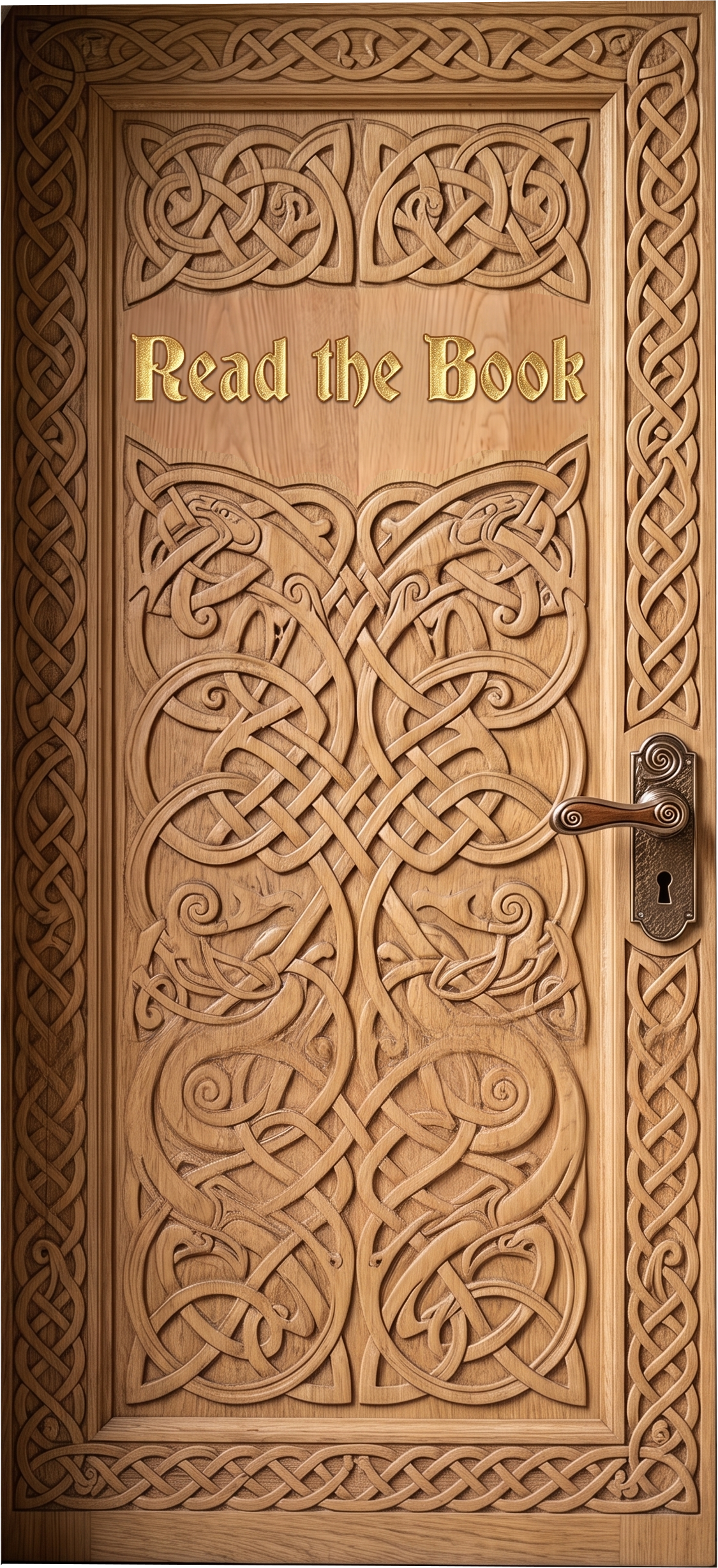 Carved House Pendale door labeled Read the Book