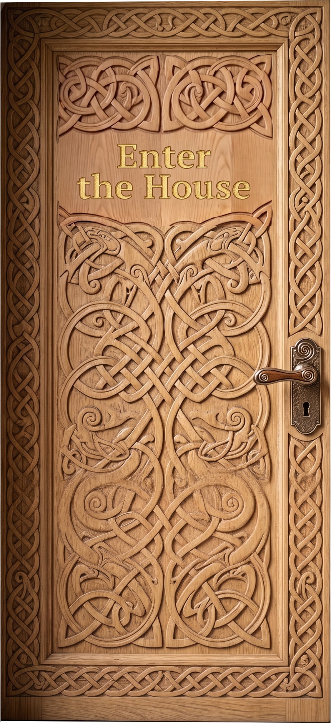 Carved House Pendale door labeled Enter the House